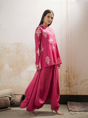 Pink Motif Embroidered Rayon Peplum Top With Solid Dhoti Skirt -Shae by SASSAFRAS