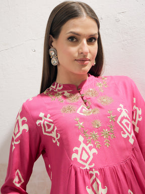 Pink Motif Embroidered Rayon Peplum Top With Solid Dhoti Skirt -Shae by SASSAFRAS
