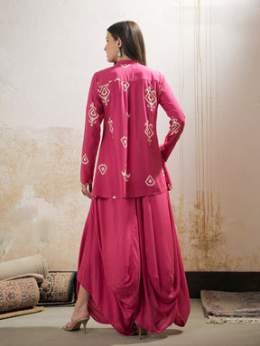 Pink Motif Embroidered Rayon Peplum Top With Solid Dhoti Skirt -Shae by SASSAFRAS