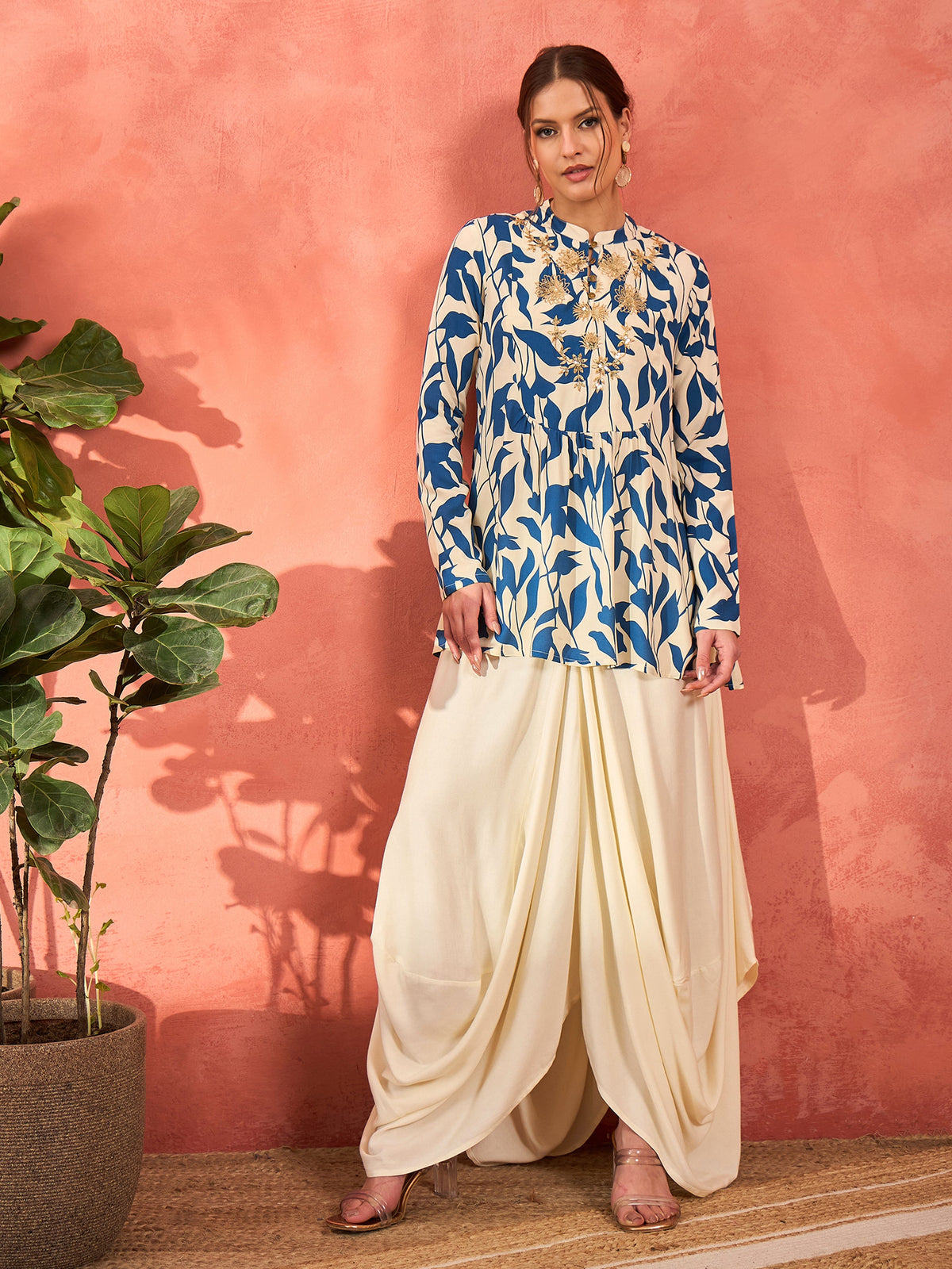 Blue Floral Embroidered Rayon Peplum Top With Solid Dhoti Skirt -Shae by SASSAFRAS