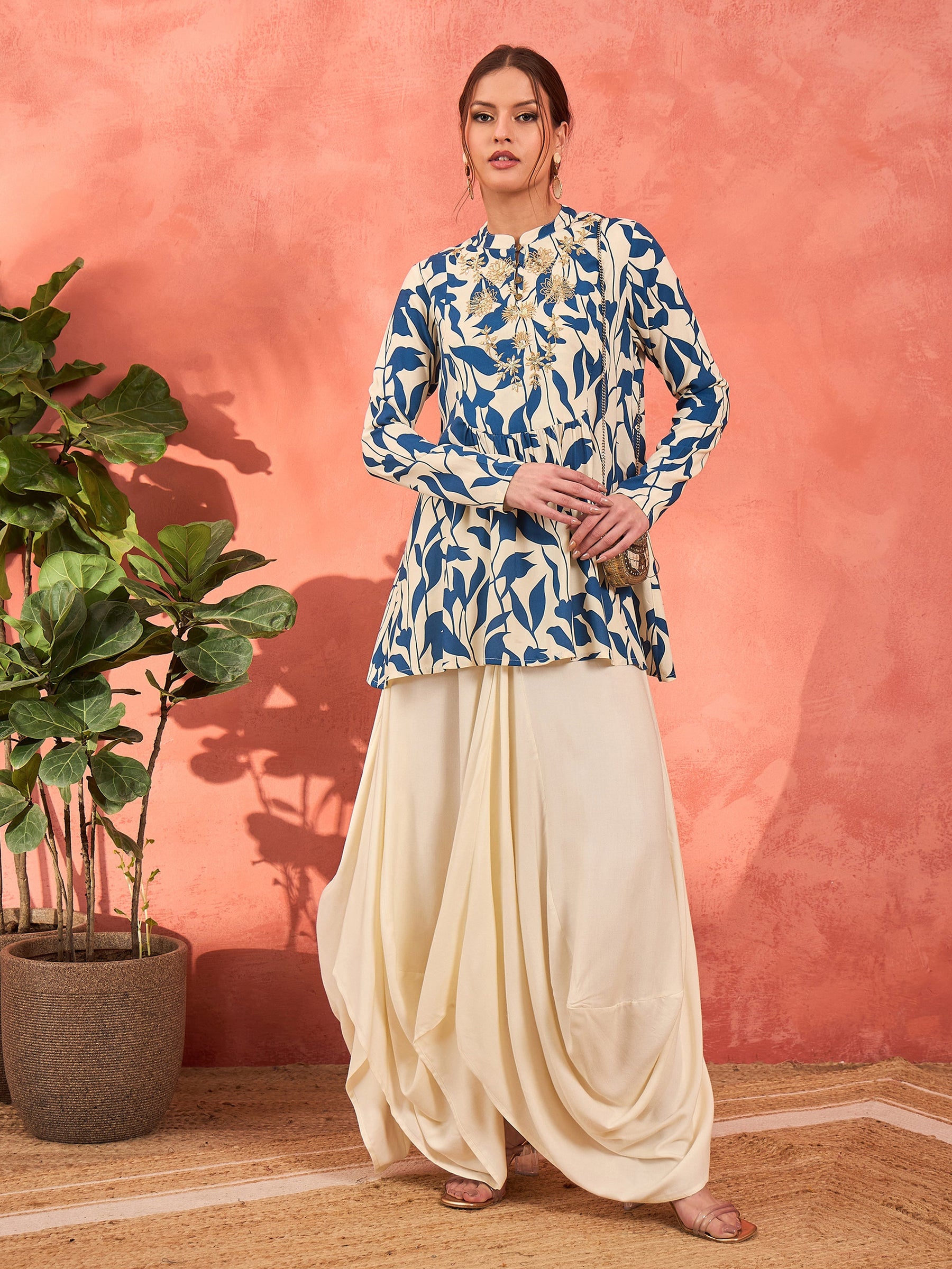 Blue Floral Embroidered Rayon Peplum Top With Solid Dhoti Skirt -Shae by SASSAFRAS