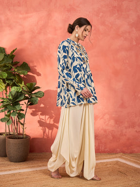 Blue Floral Embroidered Rayon Peplum Top With Solid Dhoti Skirt -Shae by SASSAFRAS
