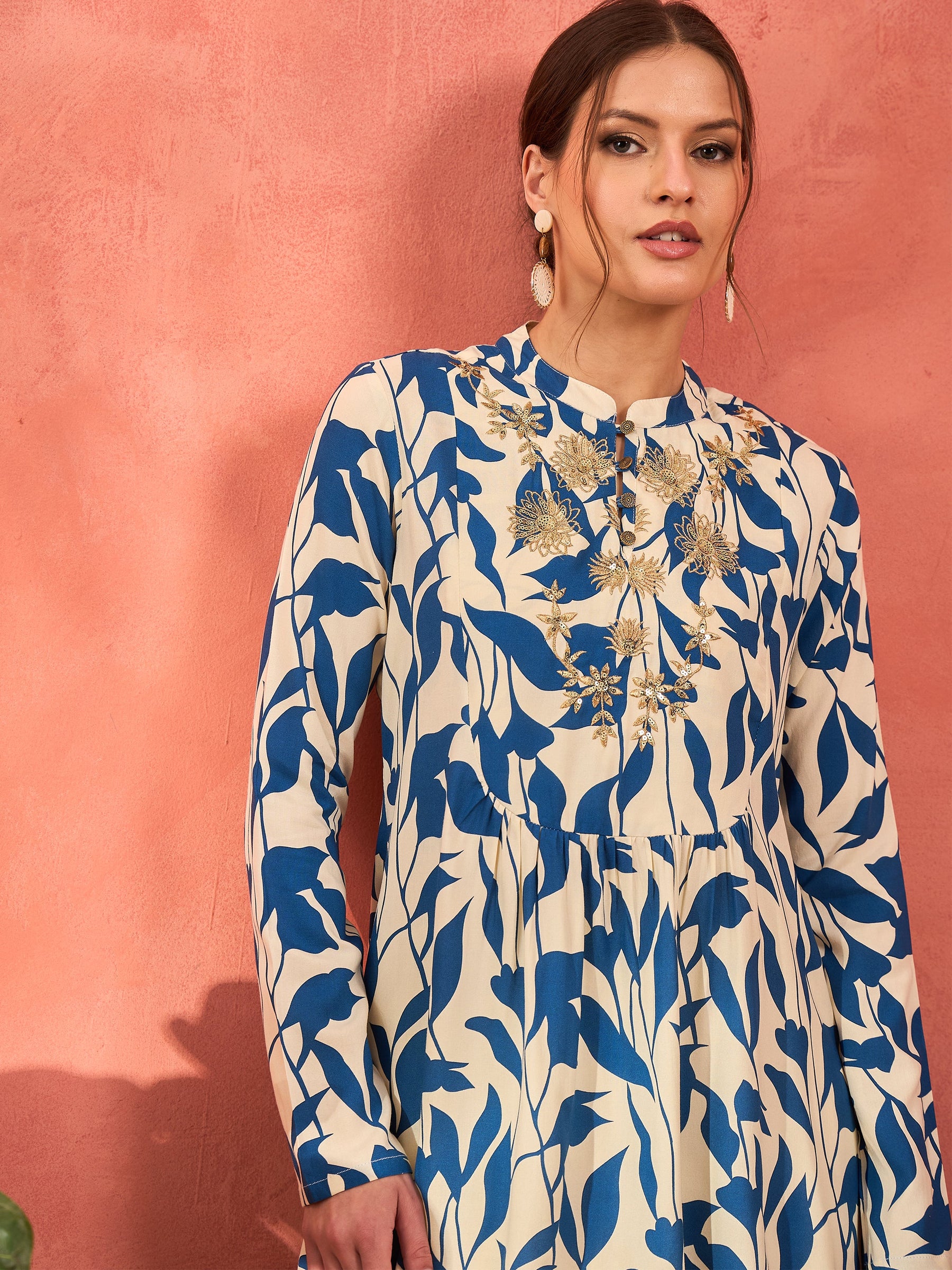 Blue Floral Embroidered Rayon Peplum Top With Solid Dhoti Skirt -Shae by SASSAFRAS