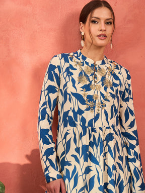 Blue Floral Embroidered Rayon Peplum Top With Solid Dhoti Skirt -Shae by SASSAFRAS