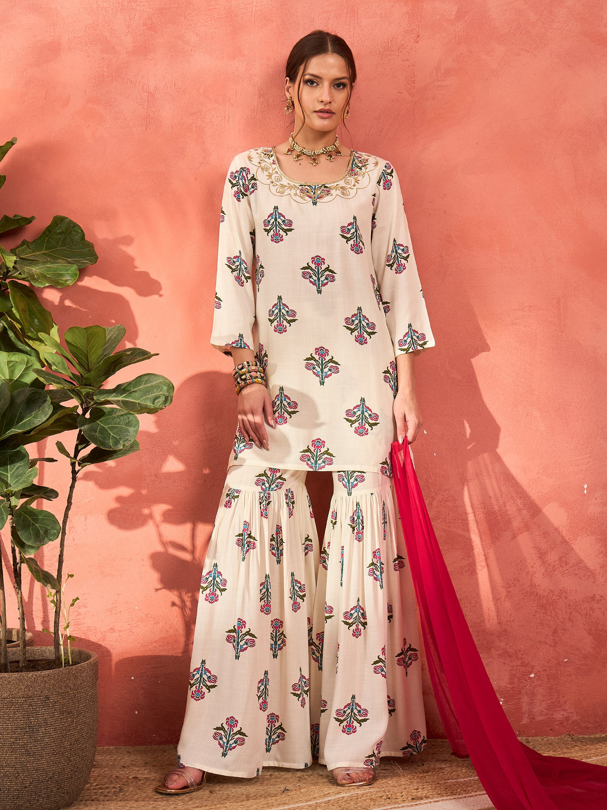 White Floral Embroidered Kurta With Sharara Pants & Dupatta-Shae by SASSAFRAS
