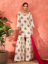 White Floral Embroidered Kurta With Sharara Pants & Dupatta-Shae by SASSAFRAS