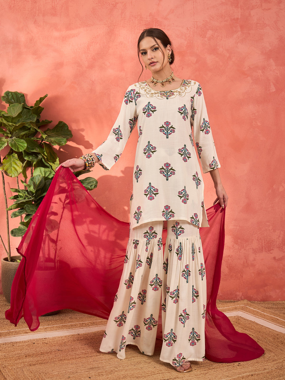 White Floral Embroidered Kurta With Sharara Pants & Dupatta-Shae by SASSAFRAS