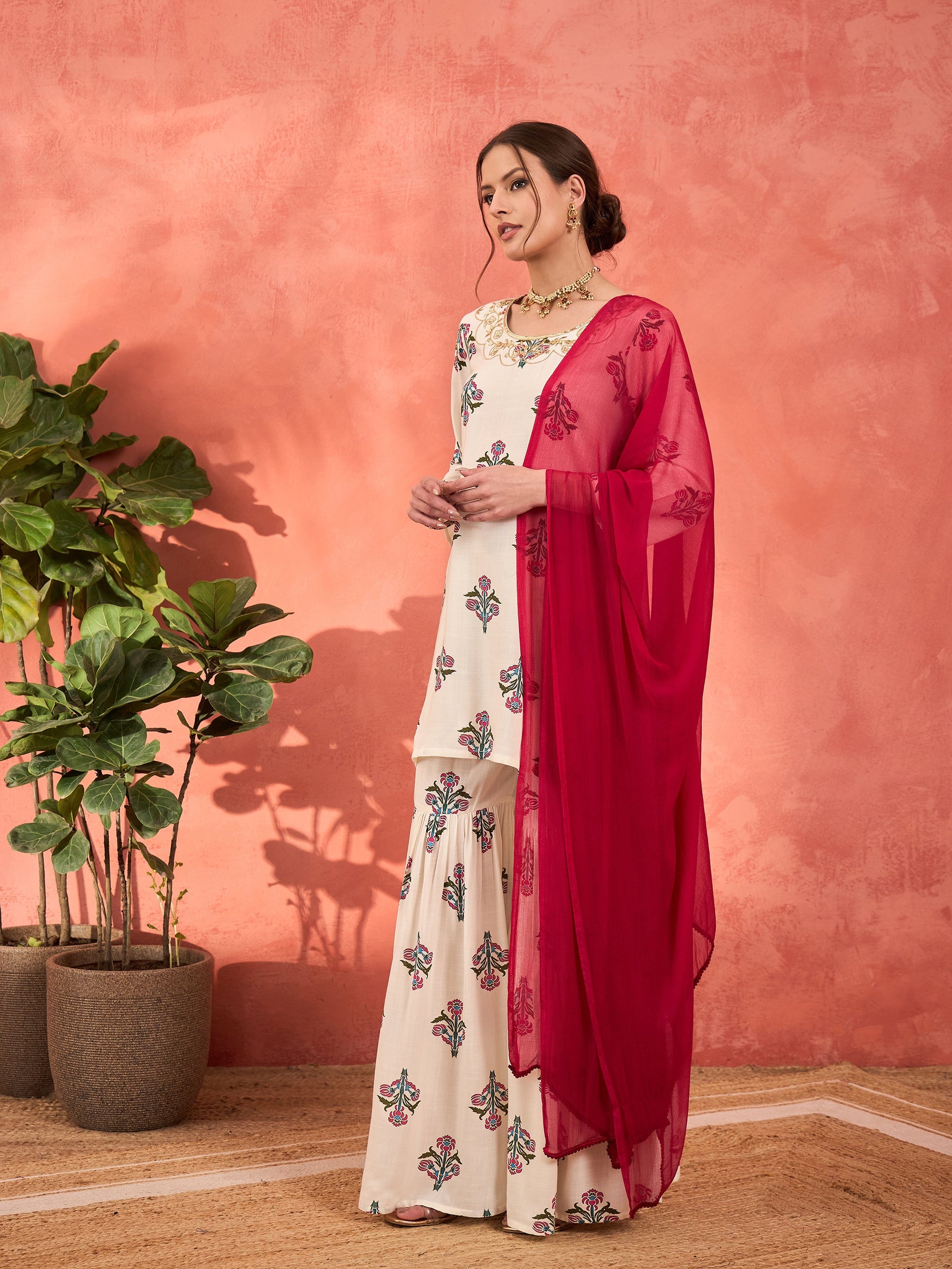 White Floral Embroidered Kurta With Sharara Pants & Dupatta-Shae by SASSAFRAS