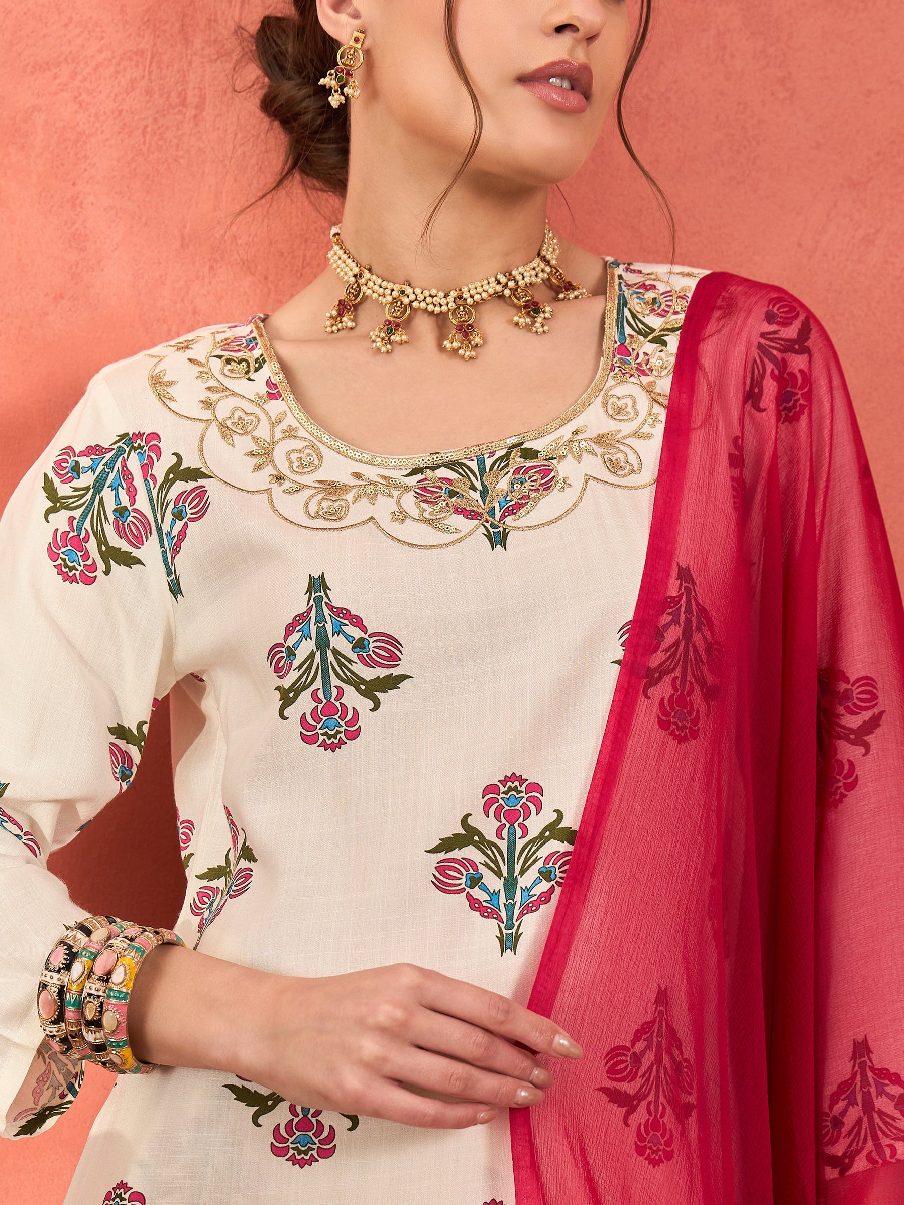 White Floral Embroidered Kurta With Sharara Pants & Dupatta-Shae by SASSAFRAS