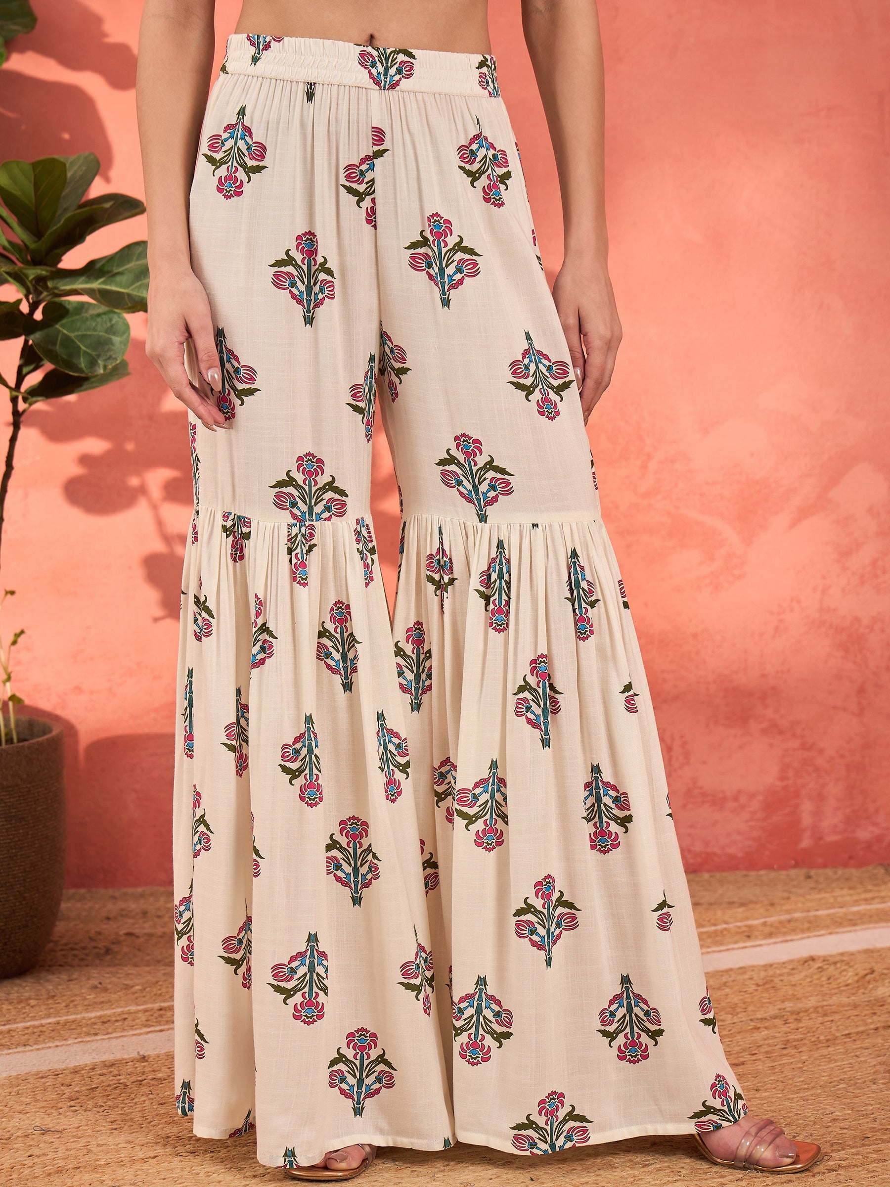 White Floral Embroidered Kurta With Sharara Pants & Dupatta-Shae by SASSAFRAS