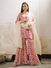 Pink Floral Embroidered Kurta With Sharara Pants & Dupatta-Shae by SASSAFRAS