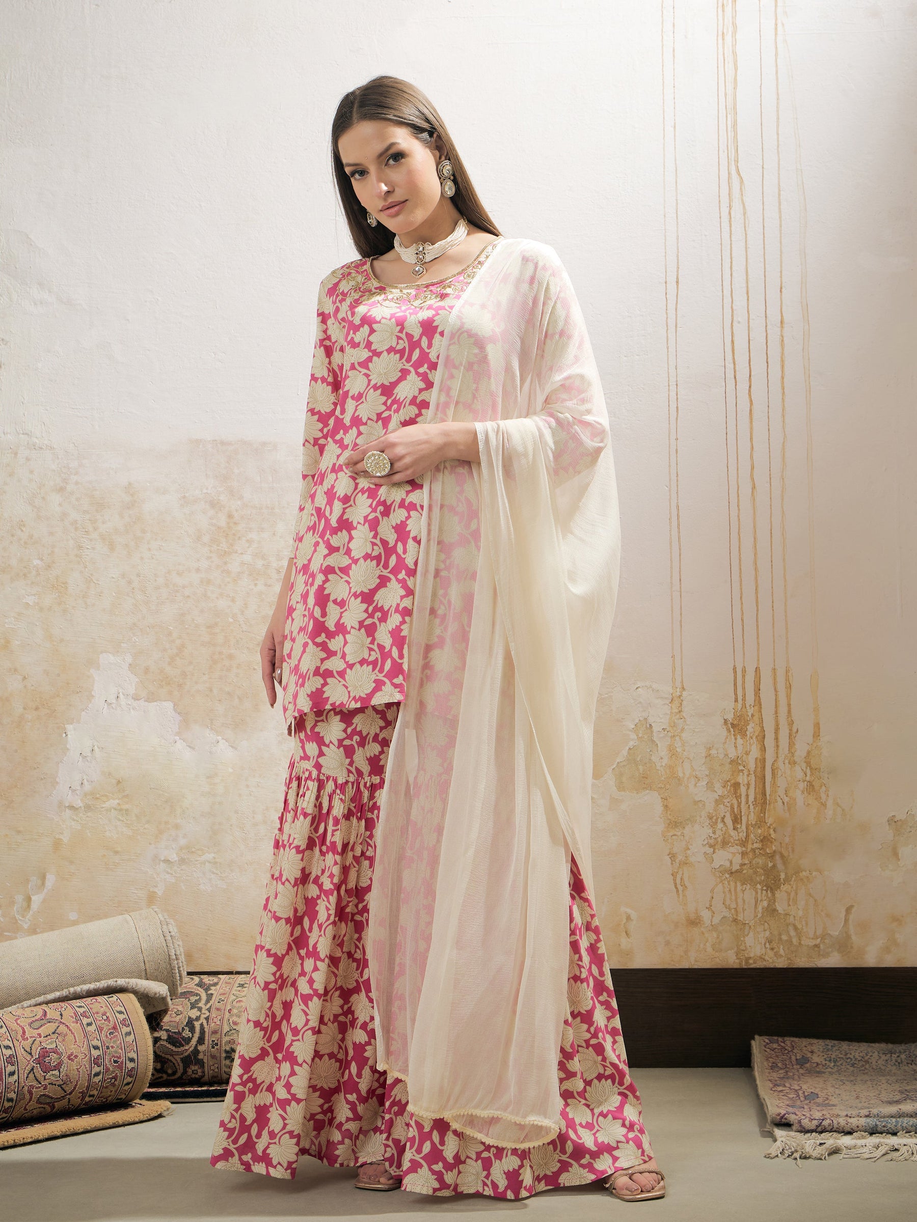 Pink Floral Embroidered Kurta With Sharara Pants & Dupatta-Shae by SASSAFRAS