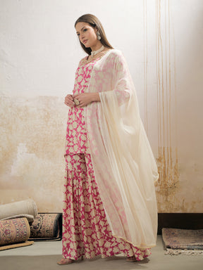 Pink Floral Embroidered Kurta With Sharara Pants & Dupatta-Shae by SASSAFRAS