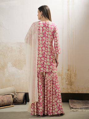 Pink Floral Embroidered Kurta With Sharara Pants & Dupatta-Shae by SASSAFRAS
