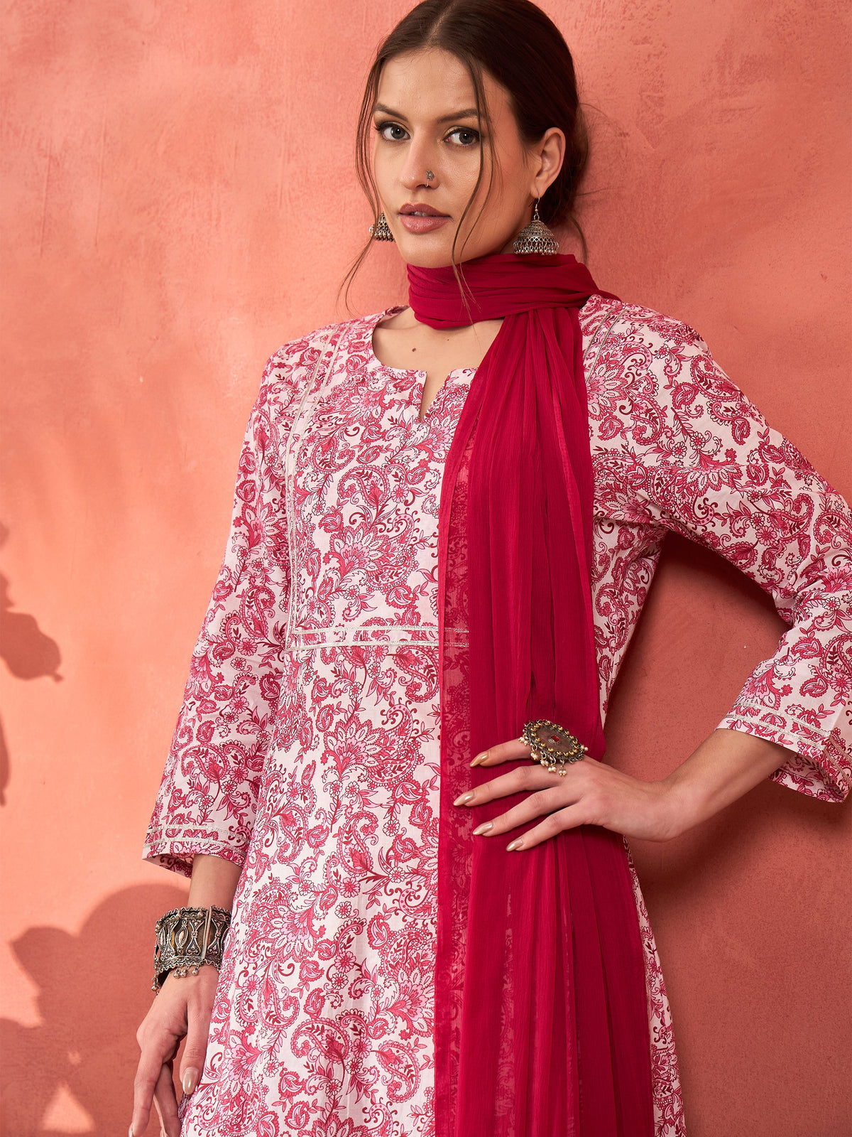 Pink & White Cambric Kurta With Pencil Pants & Dupatta-Shae by SASSAFRAS