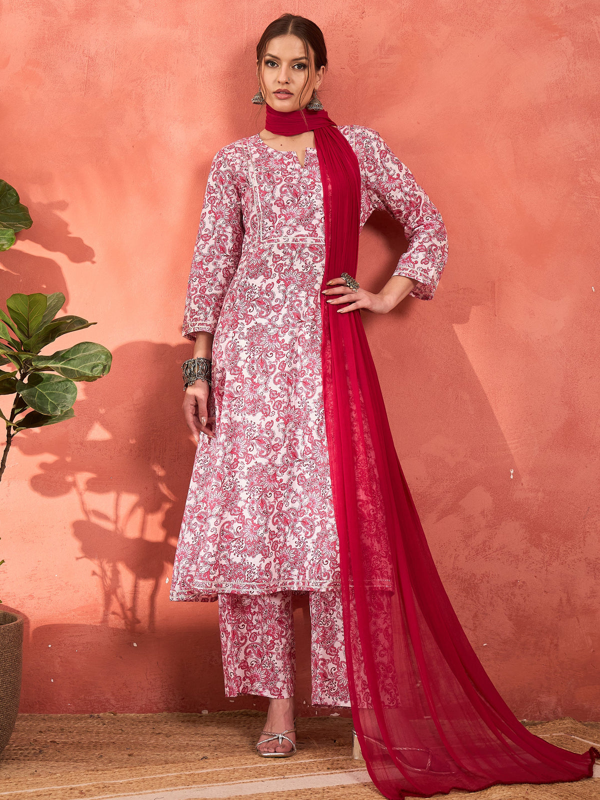 Pink & White Cambric Kurta With Pencil Pants & Dupatta-Shae by SASSAFRAS