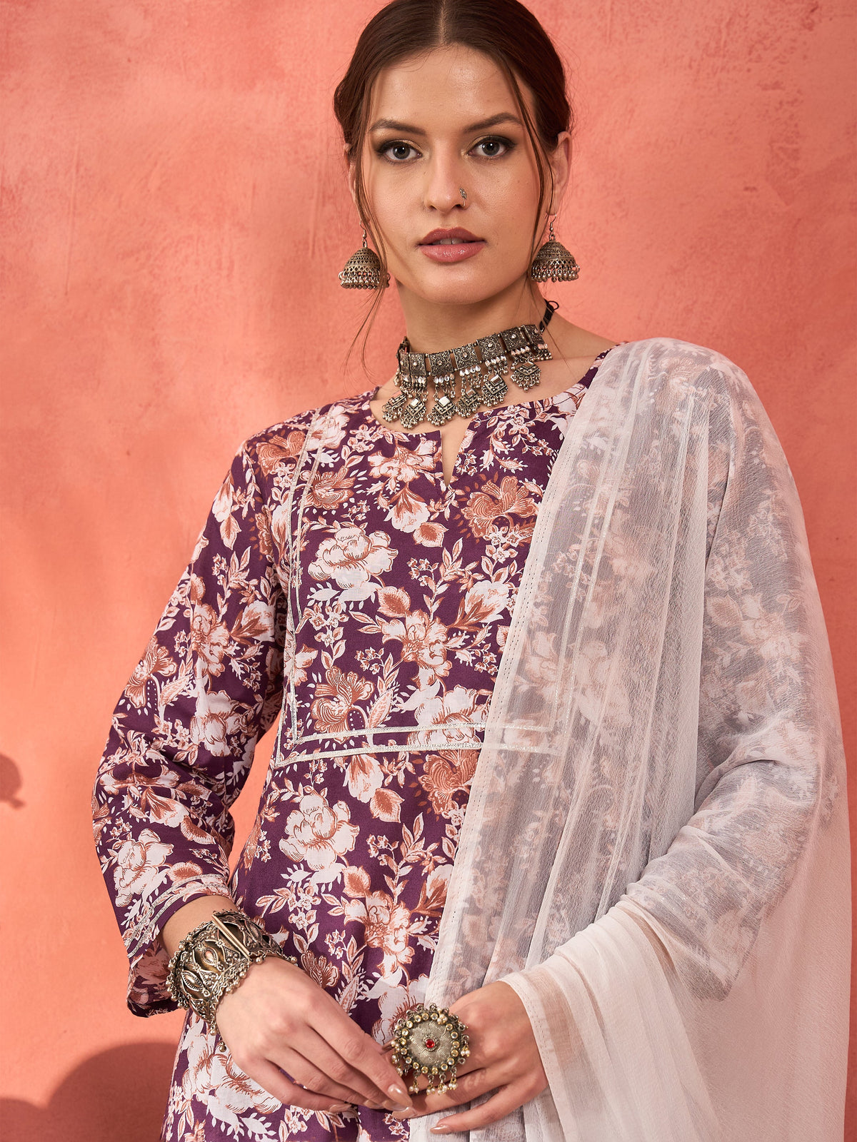 Purple Floral Cambric Kurta With Pencil Pants & Dupatta-Shae by SASSAFRAS