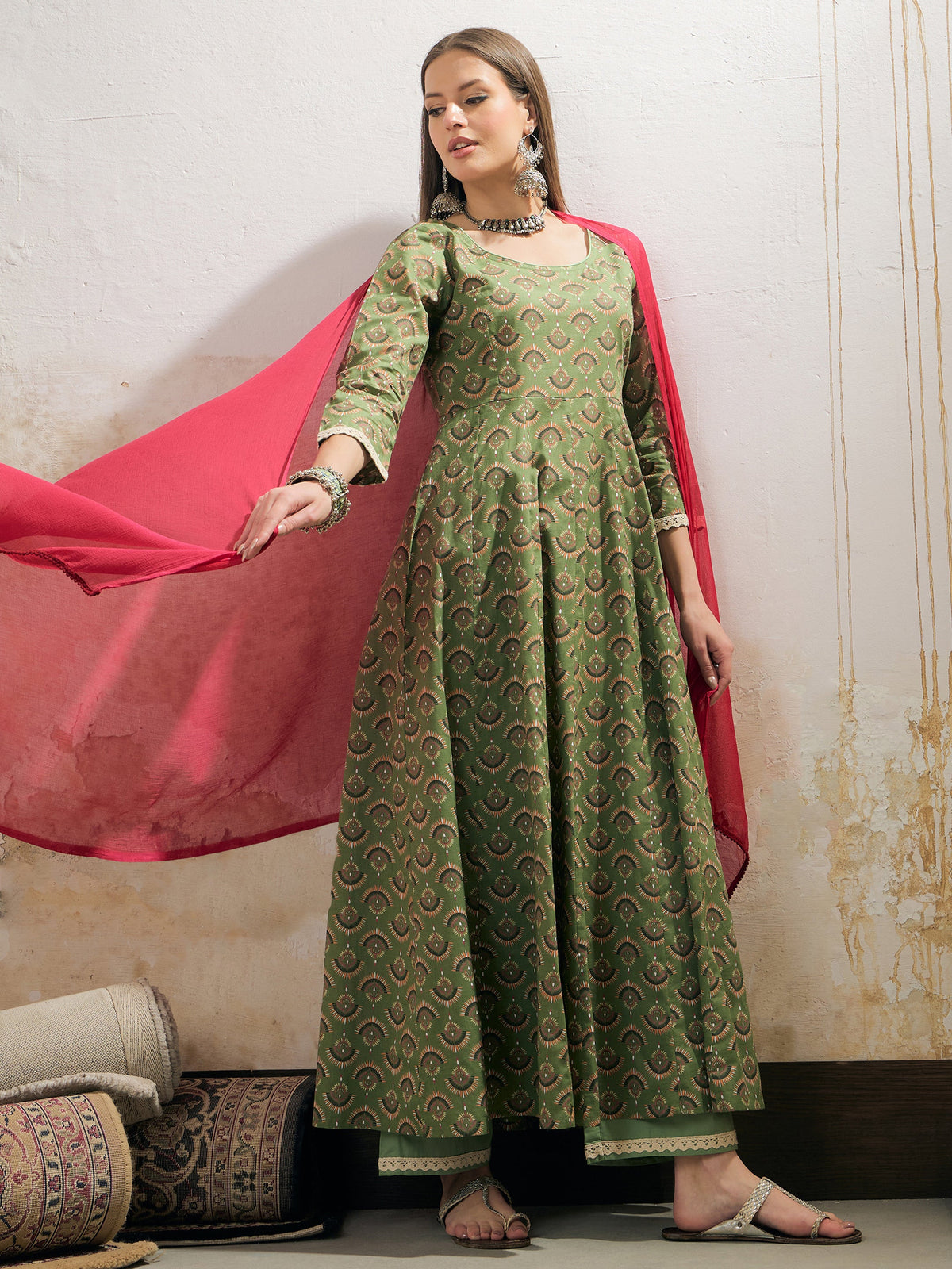 Green Floral Cambric Anarkali Kurta With Pencil Pants & Dupatta-Shae by SASSAFRAS