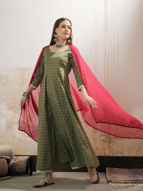 Green Floral Cambric Anarkali Kurta With Pencil Pants & Dupatta-Shae by SASSAFRAS