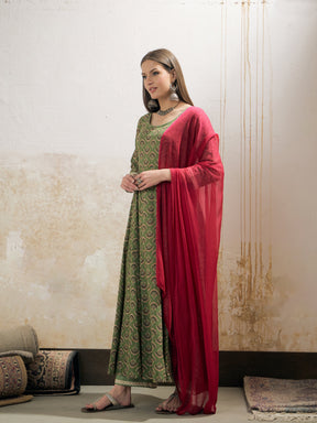 Green Floral Cambric Anarkali Kurta With Pencil Pants & Dupatta-Shae by SASSAFRAS