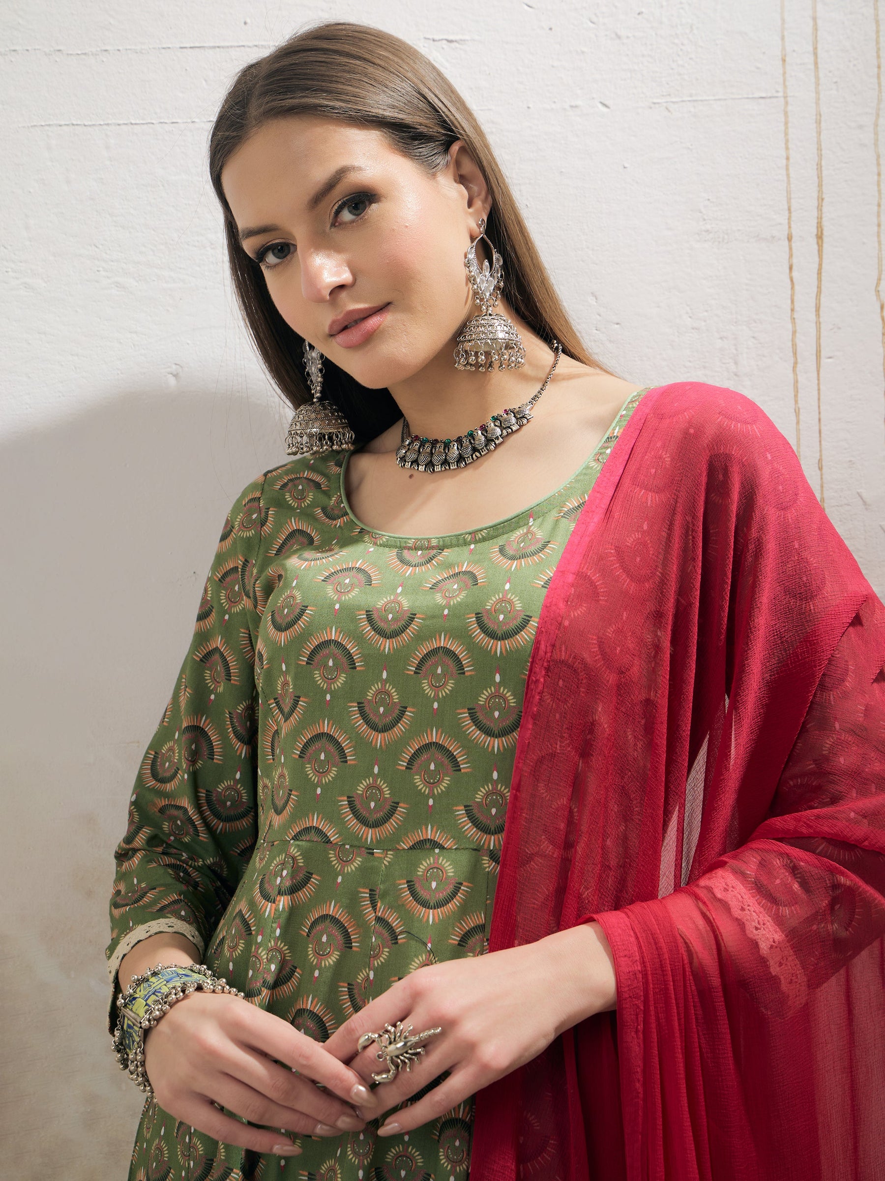 Green Floral Cambric Anarkali Kurta With Pencil Pants & Dupatta-Shae by SASSAFRAS