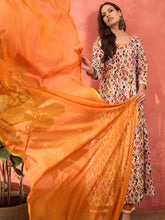 White Ikkat Cambric Anarkali Kurta With Pencil Pants & Dupatta-Shae by SASSAFRAS