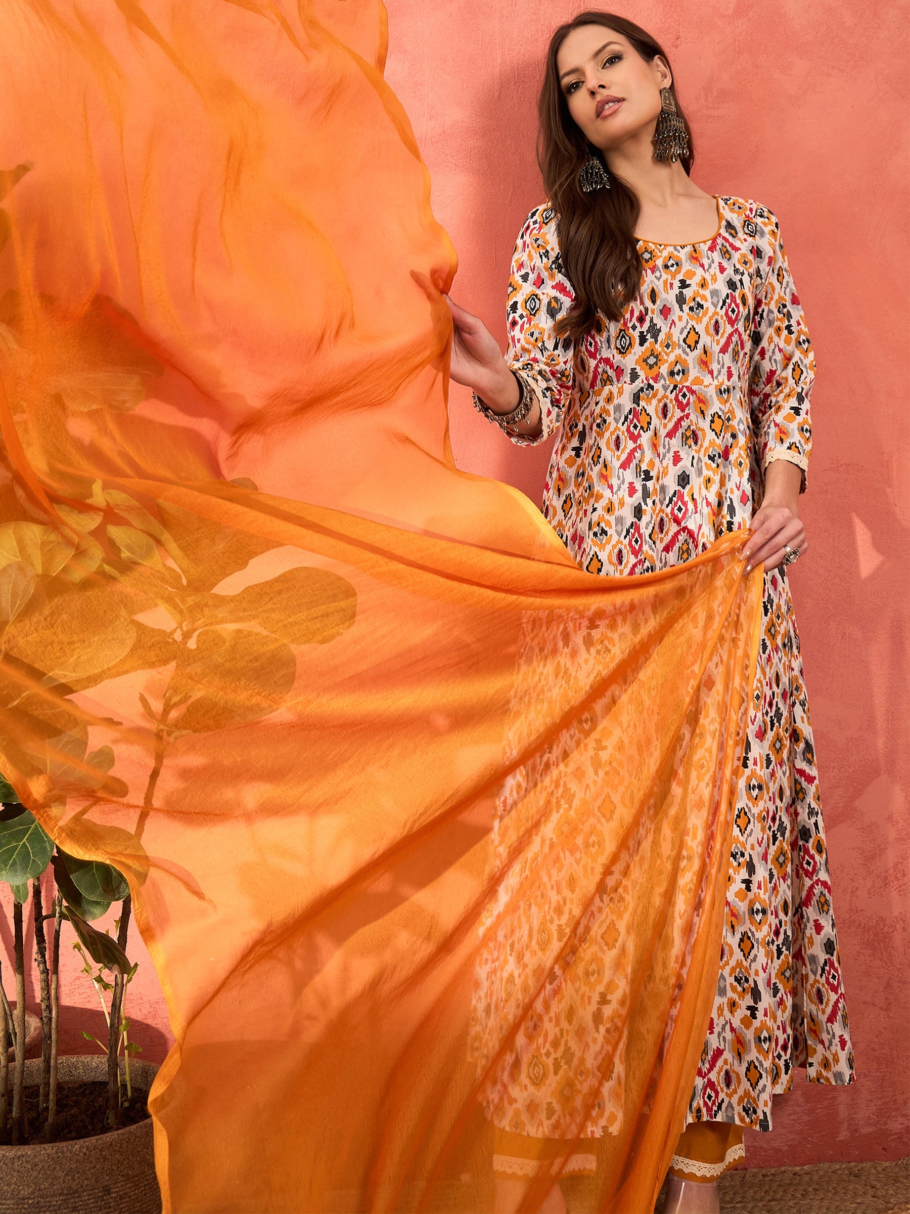 White Ikkat Cambric Anarkali Kurta With Pencil Pants & Dupatta-Shae by SASSAFRAS