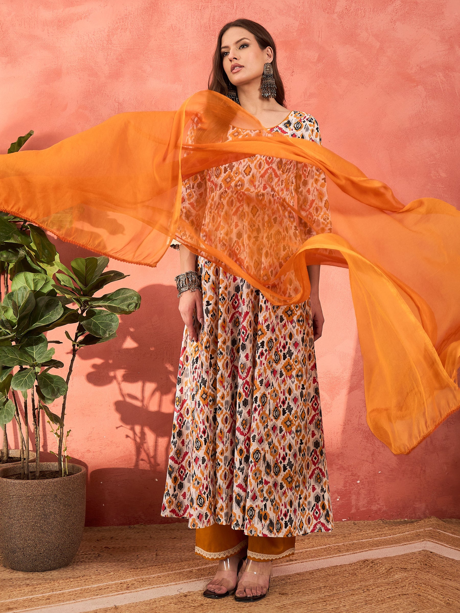 White Ikkat Cambric Anarkali Kurta With Pencil Pants & Dupatta-Shae by SASSAFRAS