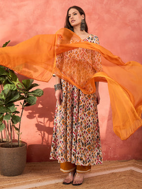 White Ikkat Cambric Anarkali Kurta With Pencil Pants & Dupatta-Shae by SASSAFRAS