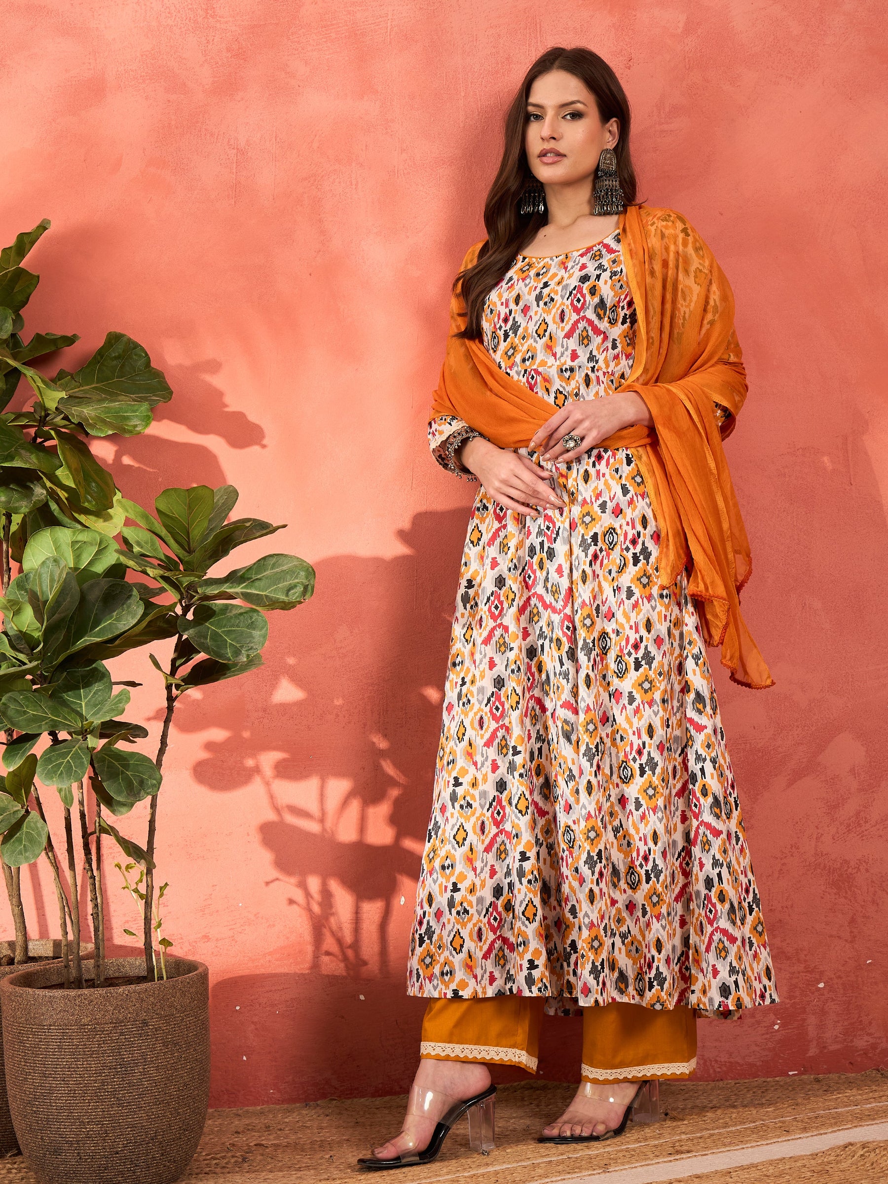 White Ikkat Cambric Anarkali Kurta With Pencil Pants & Dupatta-Shae by SASSAFRAS