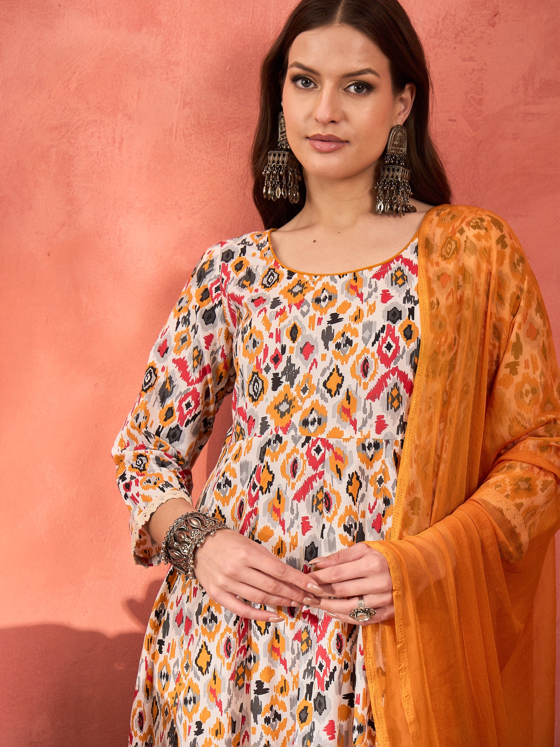 White Ikkat Cambric Anarkali Kurta With Pencil Pants & Dupatta-Shae by SASSAFRAS