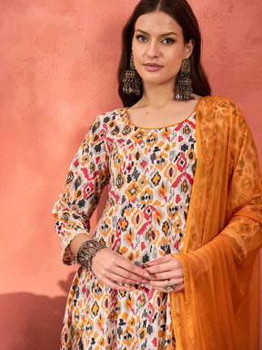White Ikkat Cambric Anarkali Kurta With Pencil Pants & Dupatta-Shae by SASSAFRAS