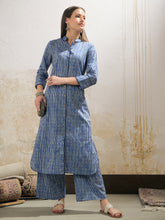 Blue Stripes Cambric Front Button Kurta With Pencil Pants-Shae by SASSAFRAS