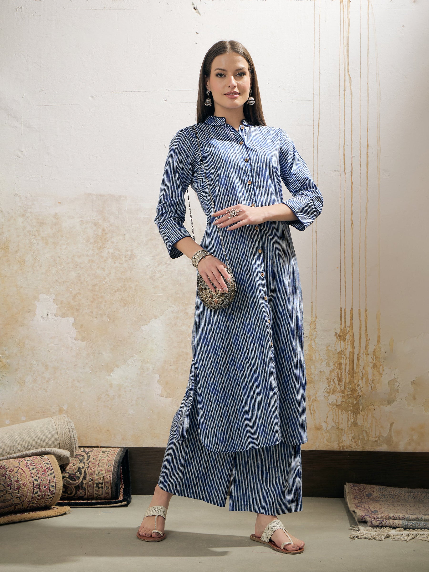 Blue Stripes Cambric Front Button Kurta With Pencil Pants-Shae by SASSAFRAS