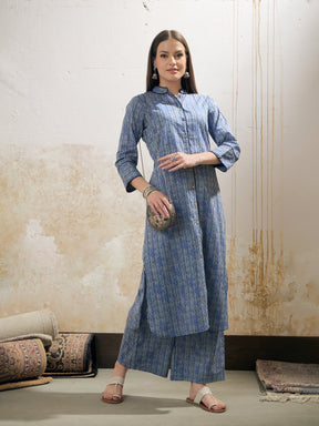 Blue Stripes Cambric Front Button Kurta With Pencil Pants-Shae by SASSAFRAS