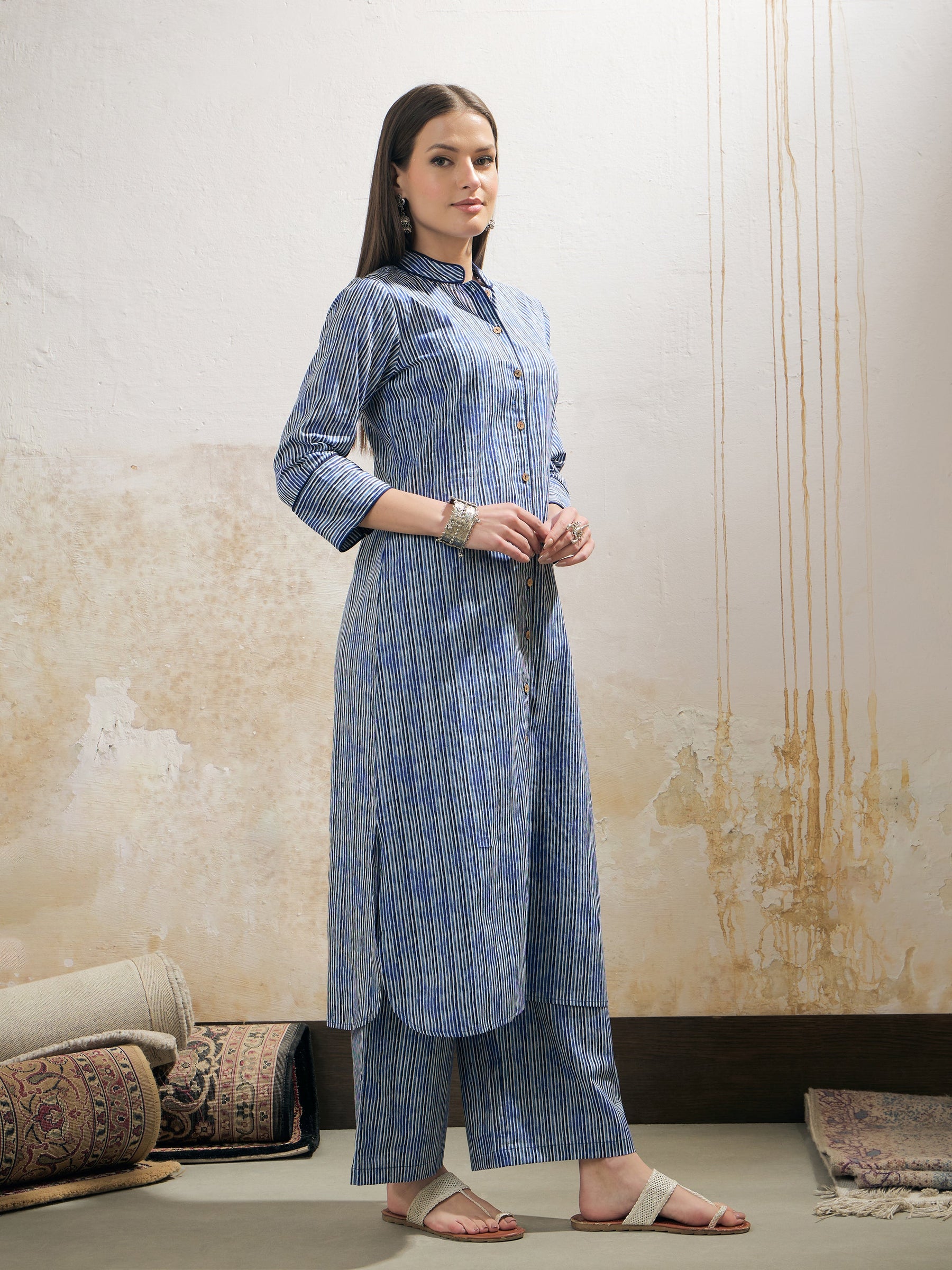 Blue Stripes Cambric Front Button Kurta With Pencil Pants-Shae by SASSAFRAS