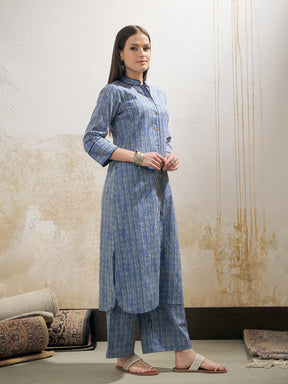 Blue Stripes Cambric Front Button Kurta With Pencil Pants-Shae by SASSAFRAS