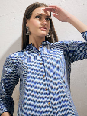 Blue Stripes Cambric Front Button Kurta With Pencil Pants-Shae by SASSAFRAS