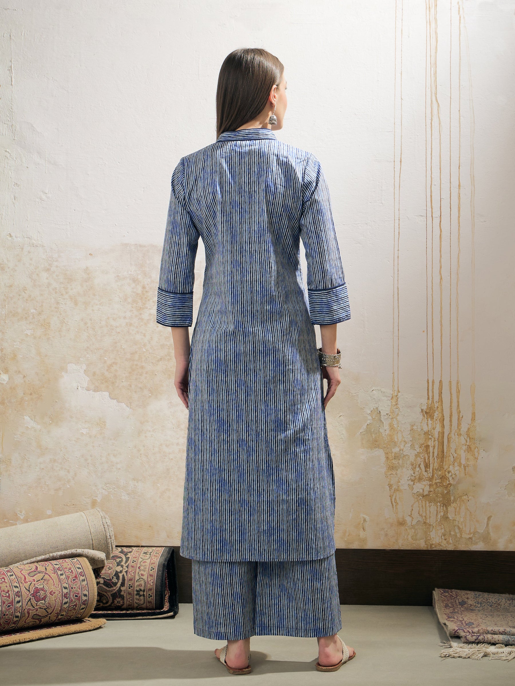Blue Stripes Cambric Front Button Kurta With Pencil Pants-Shae by SASSAFRAS