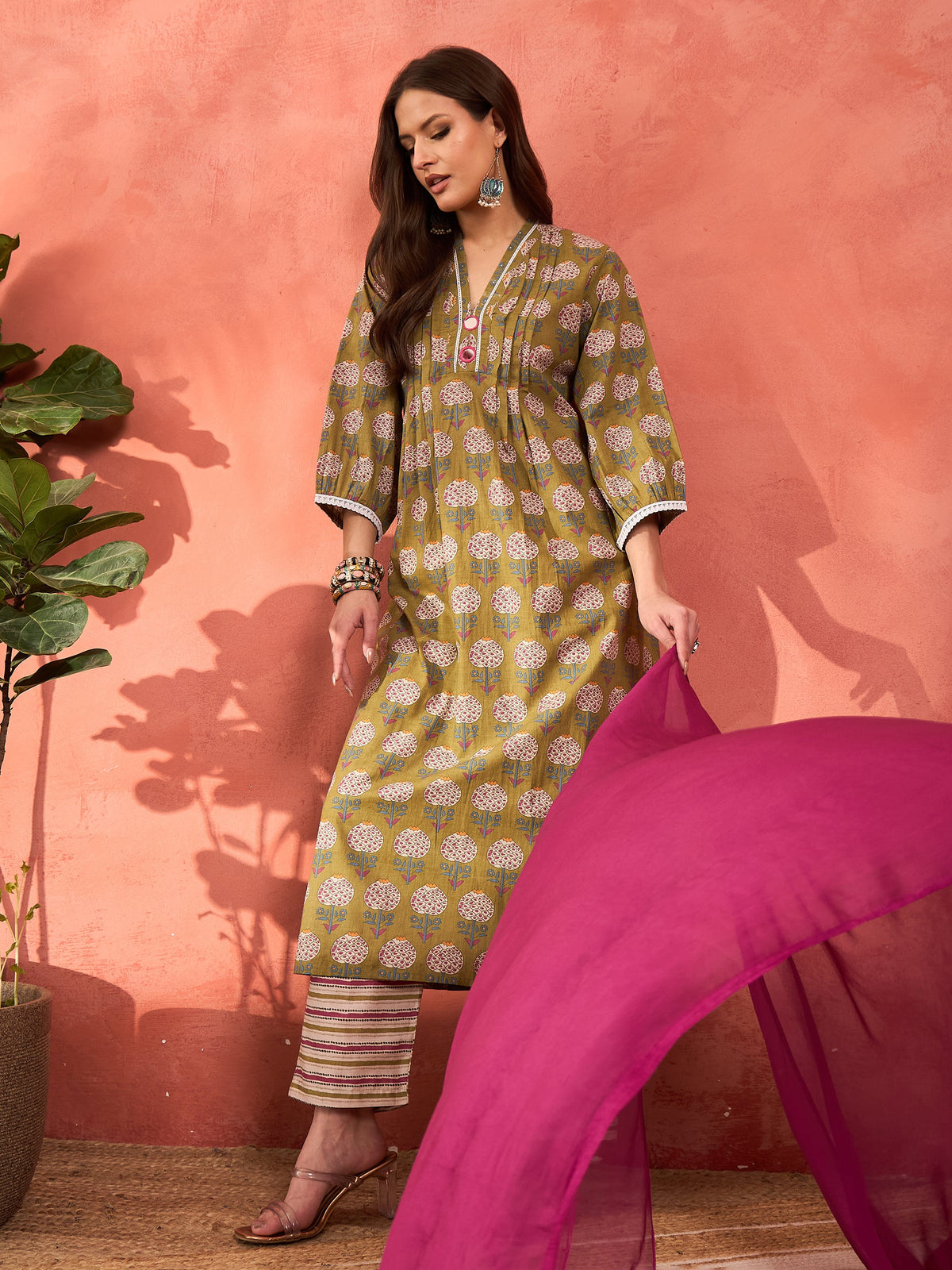 Green Floral Cambric Kurta With Pencil Pants & Dupatta-Shae by SASSAFRAS