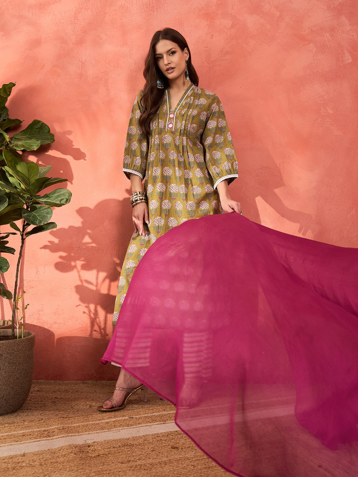 Green Floral Cambric Kurta With Pencil Pants & Dupatta-Shae by SASSAFRAS