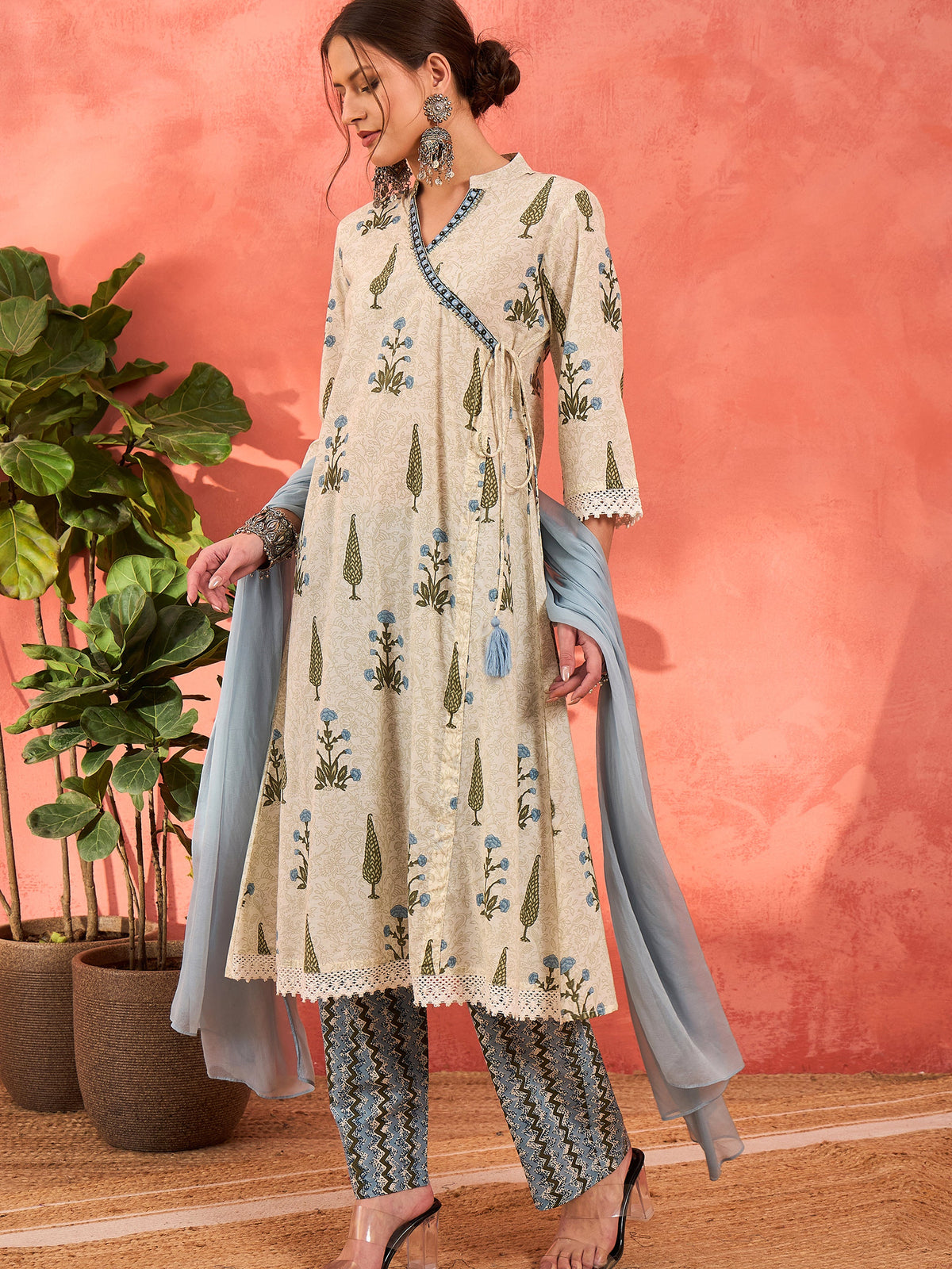 White Floral Wrap Kurta With Pencil Pants & Dupatta-Shae by SASSAFRAS