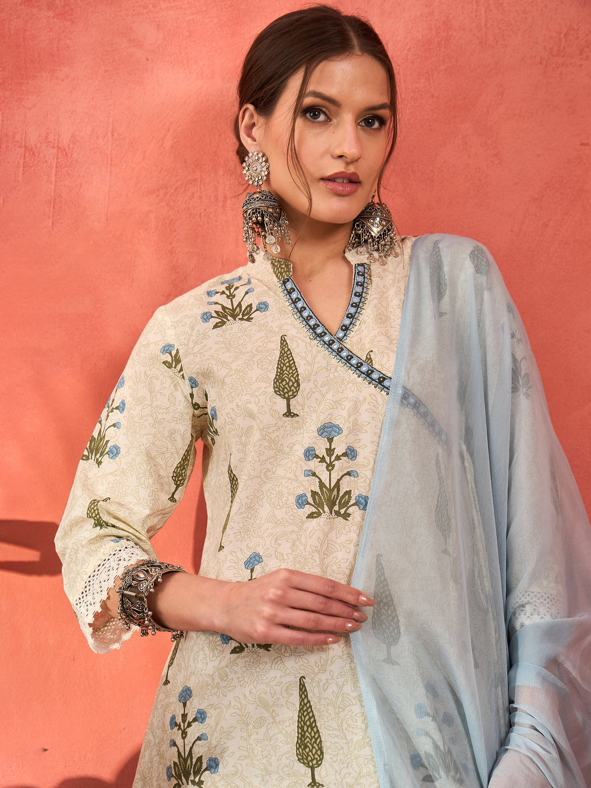 White Floral Wrap Kurta With Pencil Pants & Dupatta-Shae by SASSAFRAS