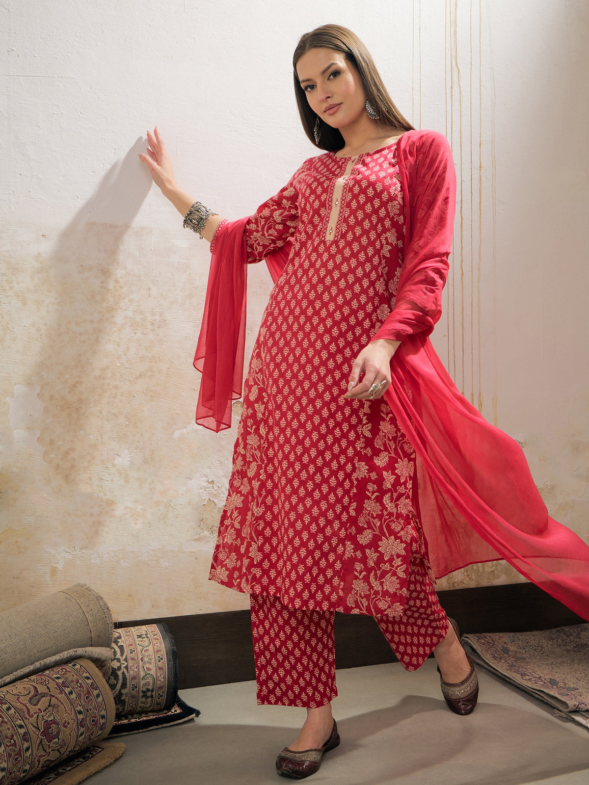 Pink Floral Cambric Kurta With Pencil Pants & Dupatta-Shae by SASSAFRAS