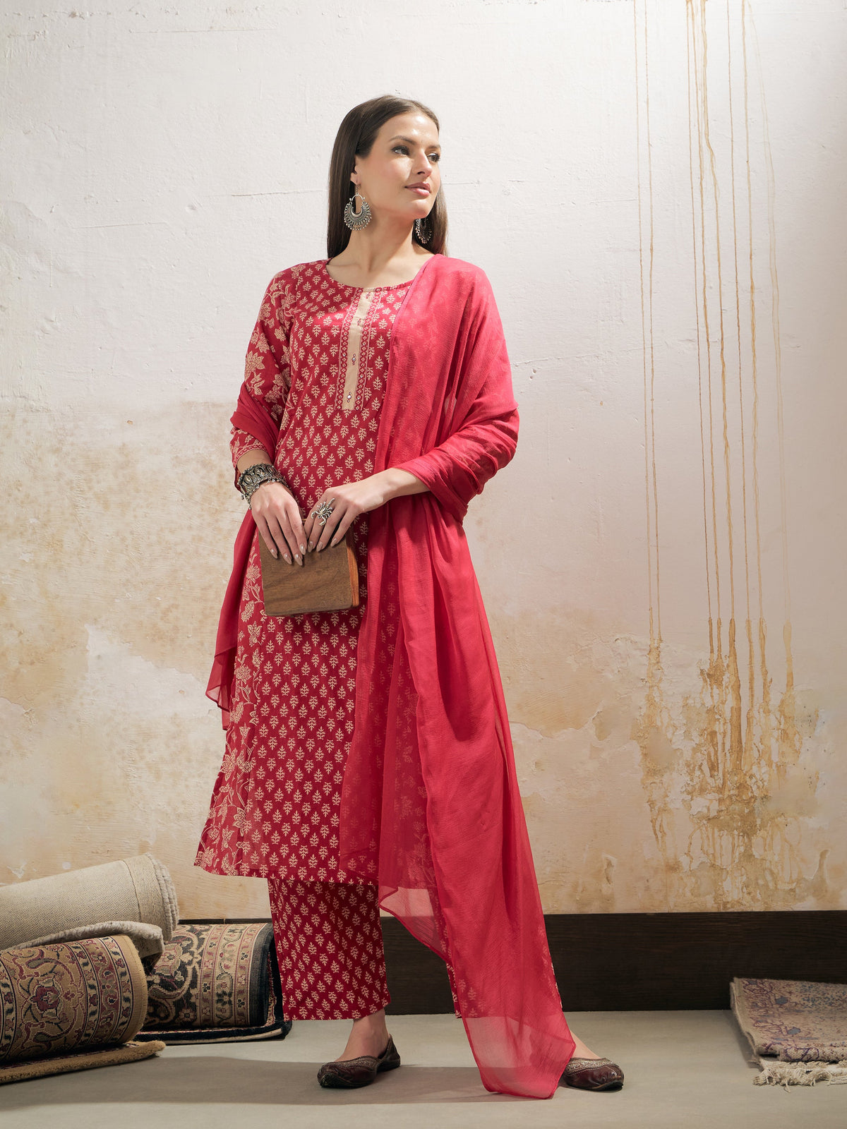 Pink Floral Cambric Kurta With Pencil Pants & Dupatta-Shae by SASSAFRAS