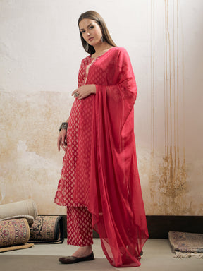 Pink Floral Cambric Kurta With Pencil Pants & Dupatta-Shae by SASSAFRAS