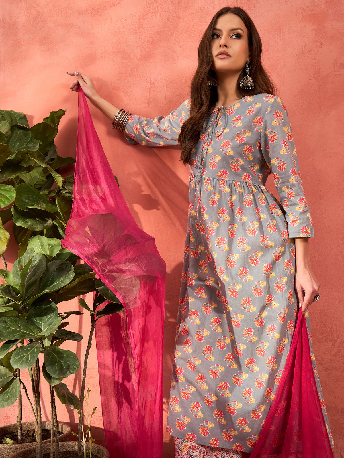 Grey Floral Front Dori Gathered Kurta With Pencil Pants & Dupatta-Shae by SASSAFRAS