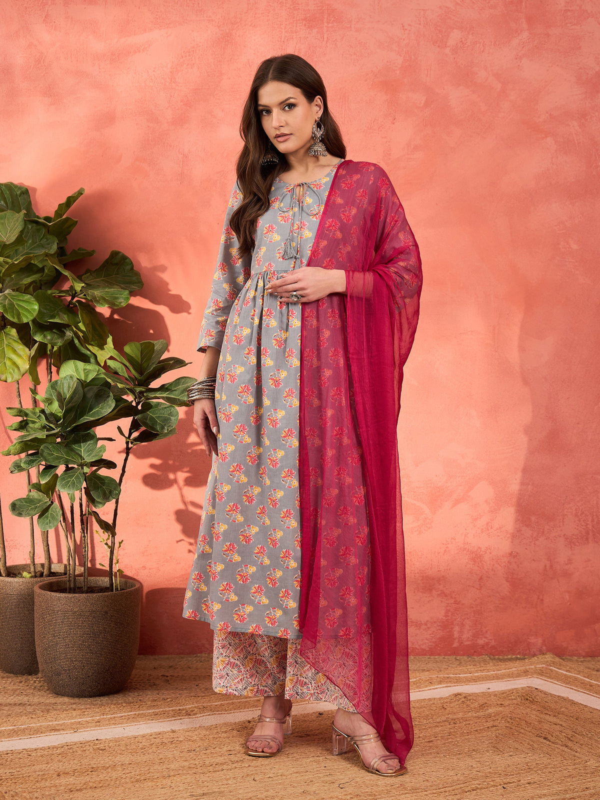 Grey Floral Front Dori Gathered Kurta With Pencil Pants & Dupatta-Shae by SASSAFRAS