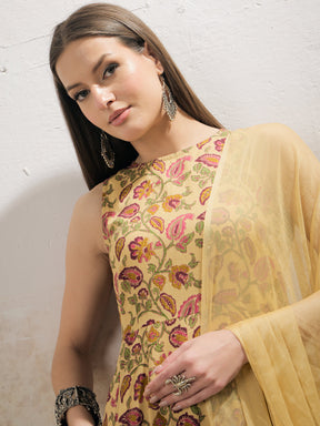 Yellow Floral Sleeveless Kurta With Pencil Pants & Dupatta-Shae by SASSAFRAS