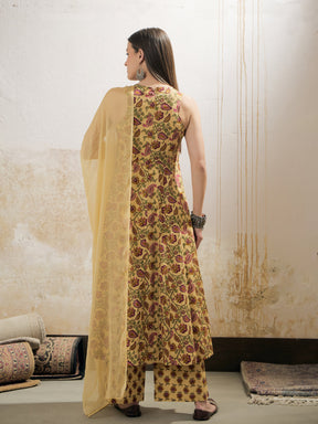 Yellow Floral Sleeveless Kurta With Pencil Pants & Dupatta-Shae by SASSAFRAS